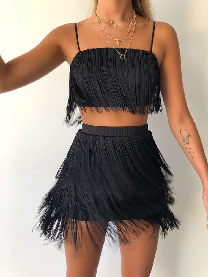 Sexy Sling Pure Color Tassel Two-piece Suit