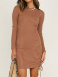 Sexy Solid Color Round Neck Long Sleeve Dress