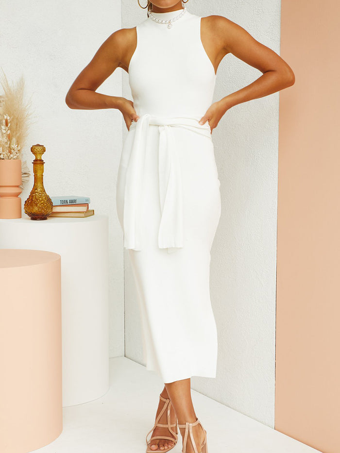 Sexy Solid Color Turtleneck Sleeveless Dress