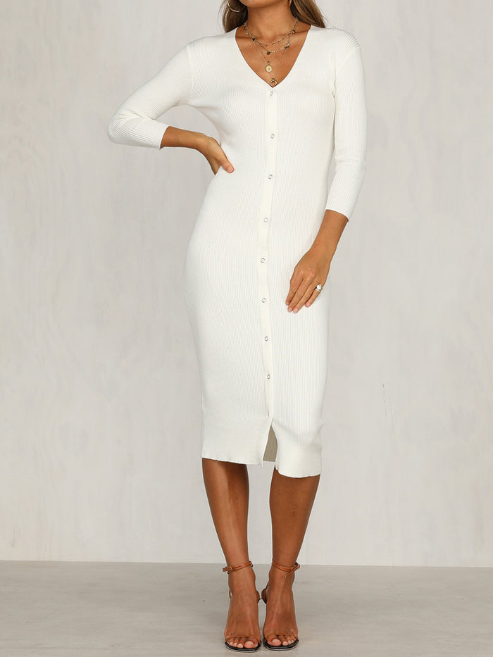 Sexy Solid Color V-neck Button Long Sleeve Dress