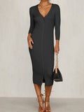 Sexy Solid Color V-neck Button Long Sleeve Dress