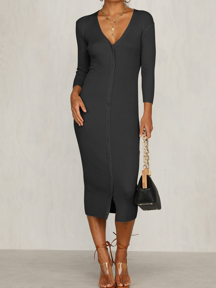 Sexy Solid Color V-neck Button Long Sleeve Dress