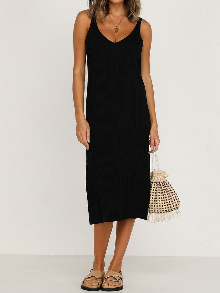 Sexy Solid Color V-neck Strapless Sleeveless Dress