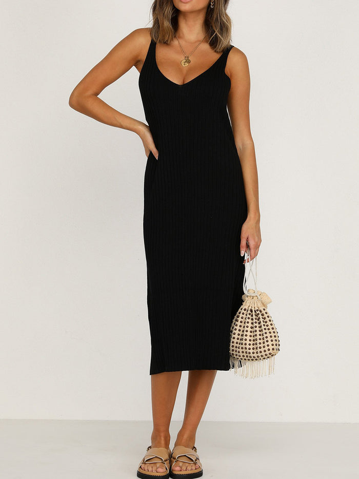 Sexy Solid Color V-neck Strapless Sleeveless Dress