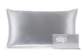 A silver slip silk king pillowcase with branded packaging on a white background.