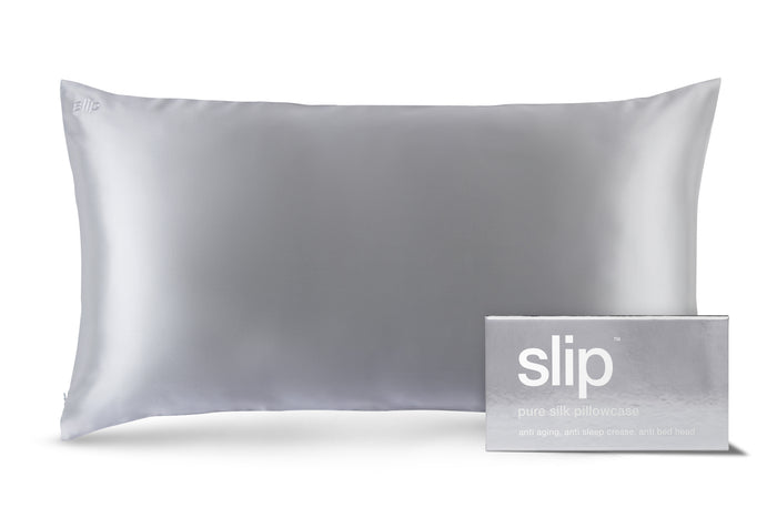 A silver slip silk king pillowcase with branded packaging on a white background.
