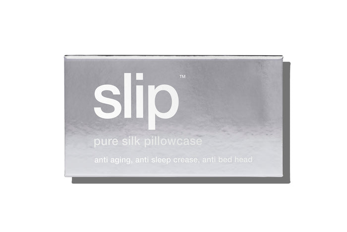 A silver slip silk king pillowcase branded packaging on a white background.