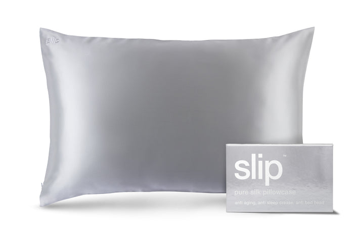 A silver slip silk queen pillowcase with branded packaging on a white background.