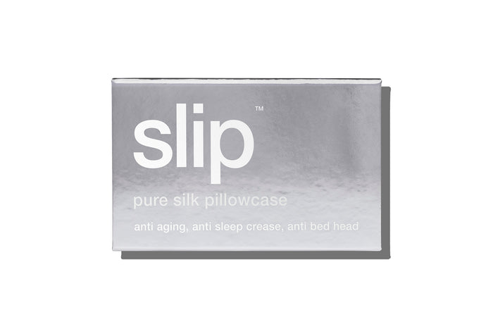 Silver slip silk queen pillowcase branded packaging on a white background.