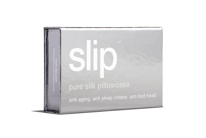 Silver slip silk queen pillowcase branded packaging on a white background.