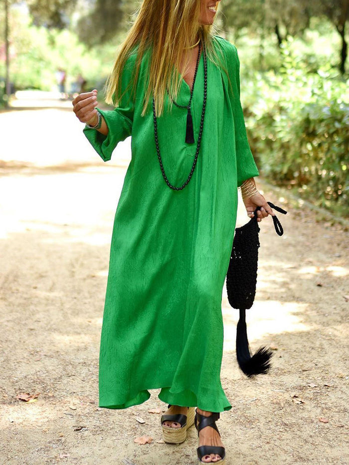 Simple Casual Loose V-Neck Long Sleeve Maxi Dress