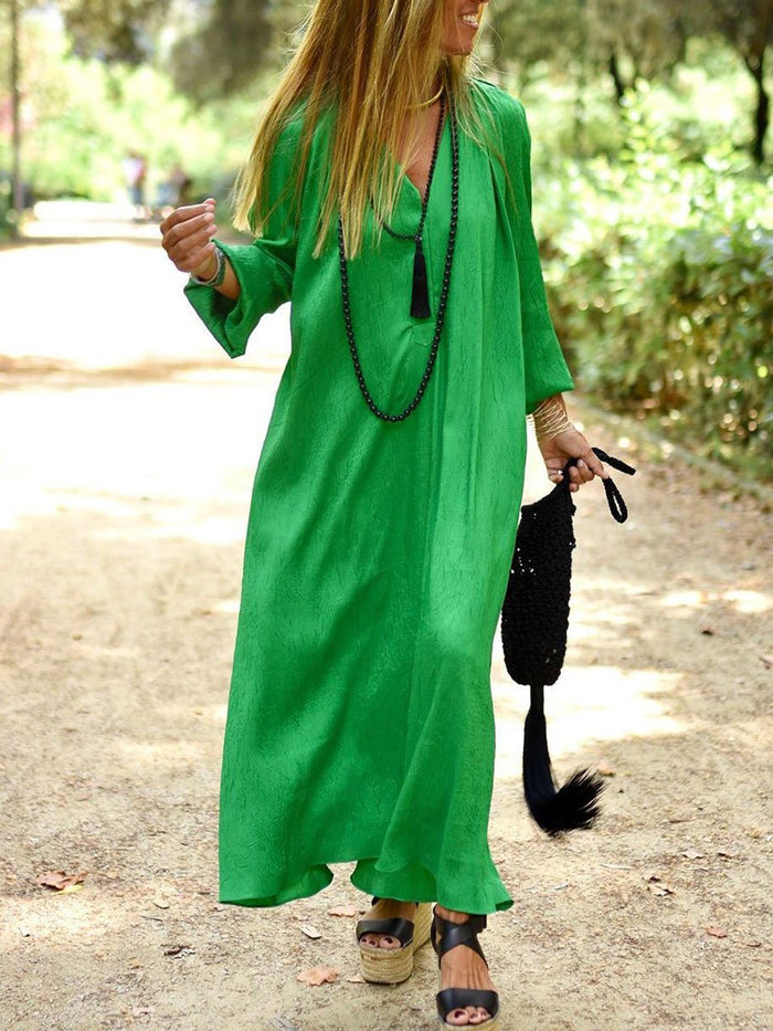 Simple Casual Loose V-Neck Long Sleeve Maxi Dress