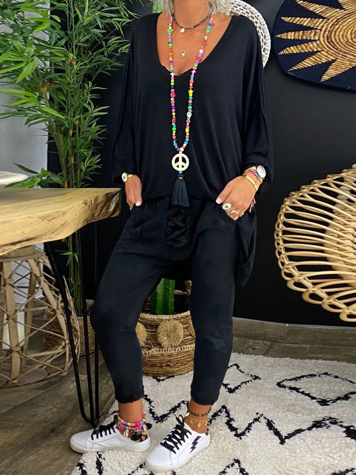 Simple Casual Loose V Neck Long-Sleeved Top Pants Suit