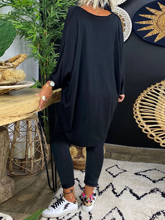 Simple Casual Loose V Neck Long-Sleeved Top Pants Suit