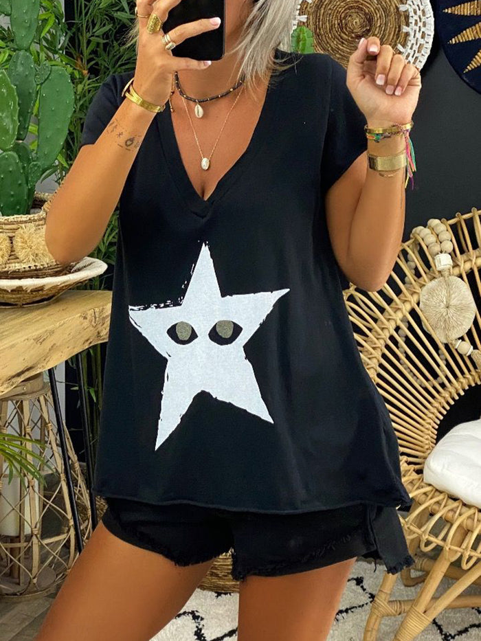 Simple Casual Loose V-Neck Top Shorts Set