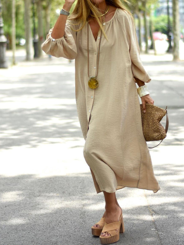 Simple Lantern Sleeve Loose Casual Button Long Dress