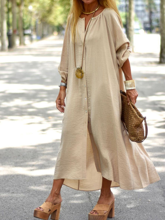 Simple Lantern Sleeve Loose Casual Button Long Dress