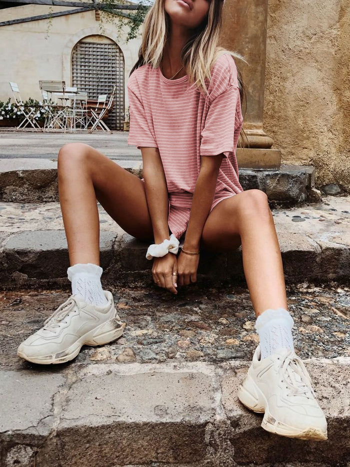 Simple Striped Short Sleeve T-shirt Shorts Suit for Women