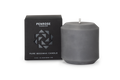 Slate gray beeswax pillar candle next to black Penrose Candles packaging box with geometric logo design