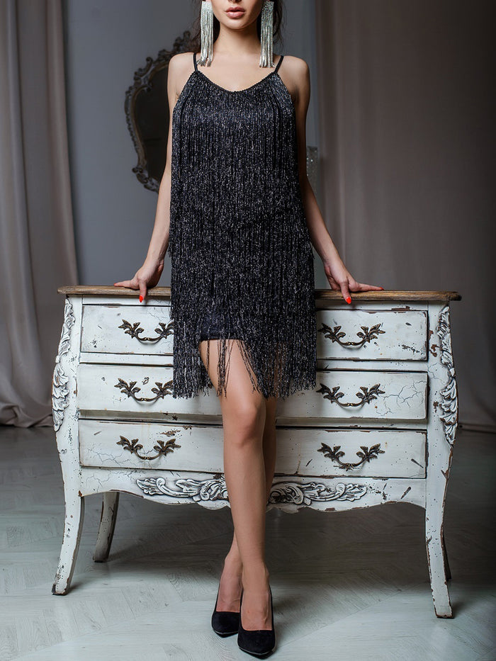 Sling V-neck Tassel Evening Dress