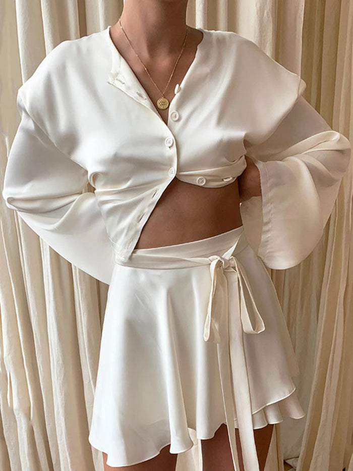 Solid Color Button Flares Sleeve Skirts Set