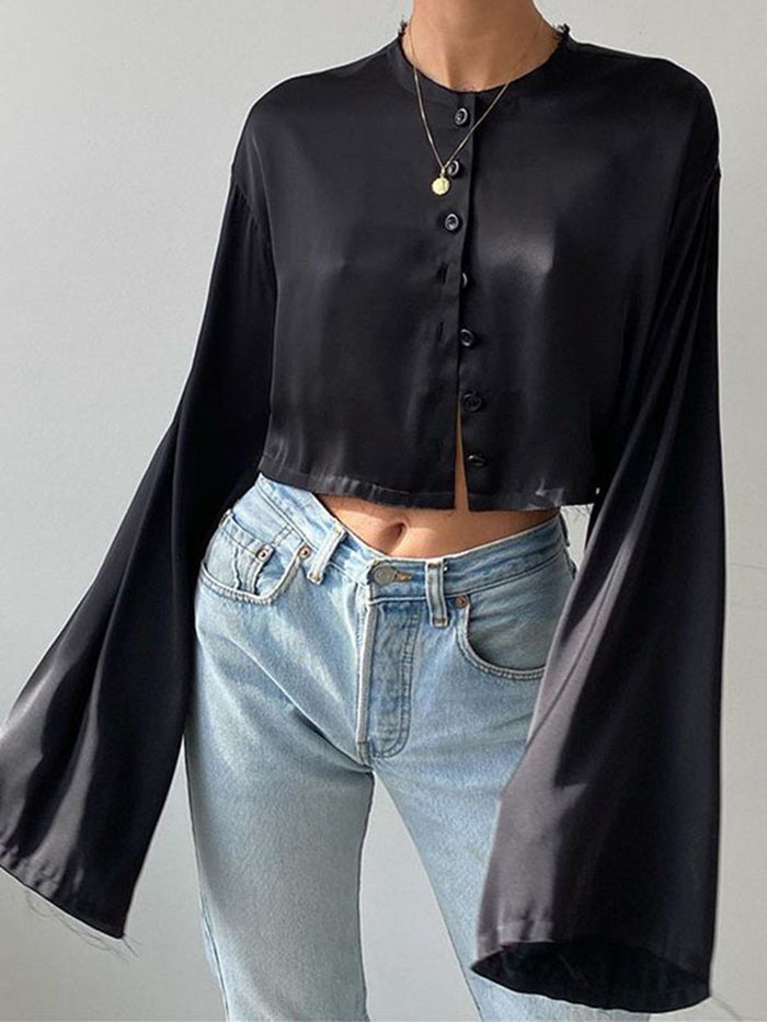 Solid Color Button Flares Sleeve Skirts Set