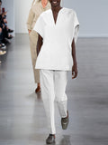 Solid Color V-neck Bat Short-sleeved Top and Pants Two-piece Suit