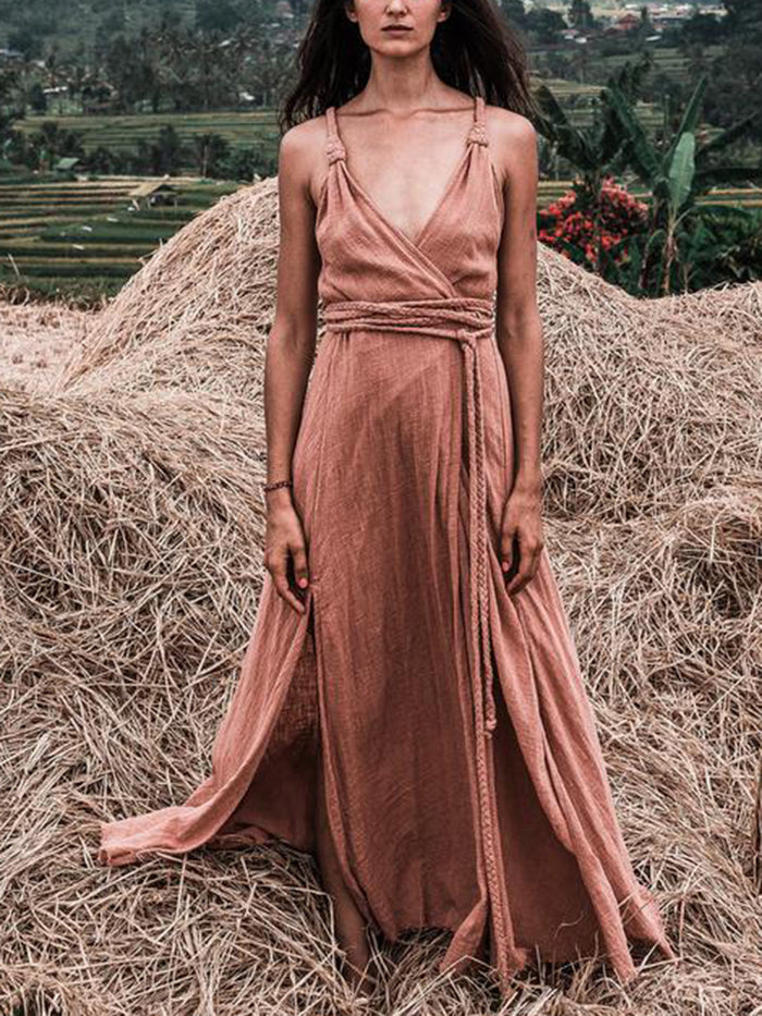 Solid Color V-neck Strap Maxi Dress