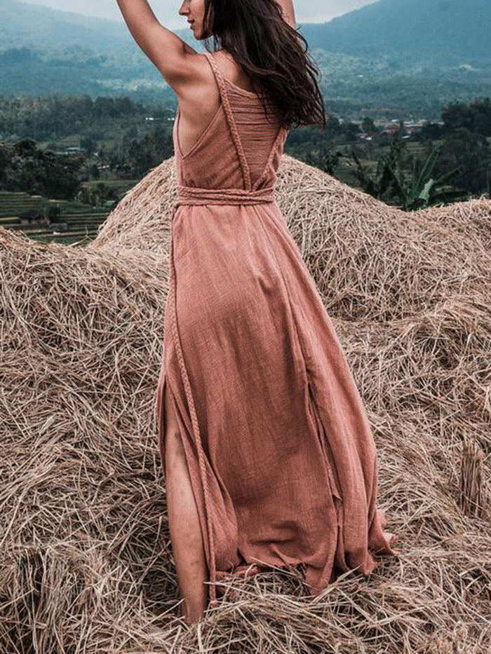 Solid Color V-neck Strap Maxi Dress