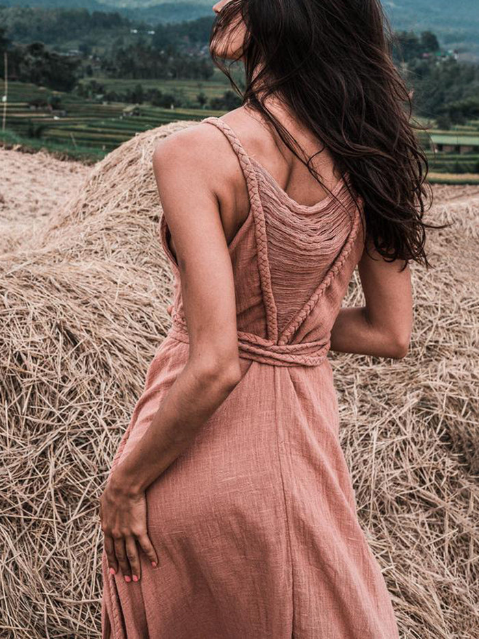 Solid Color V-neck Strap Maxi Dress