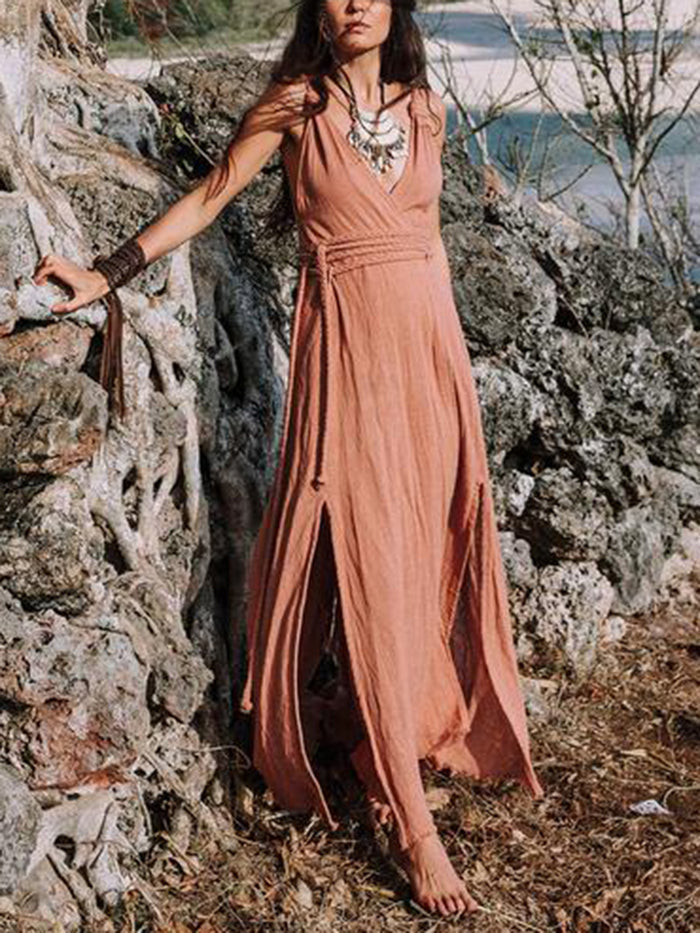 Solid Color V-neck Strap Maxi Dress