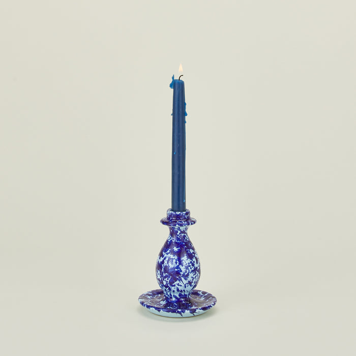 Small splatter candle holder in sky and cobalt with candle