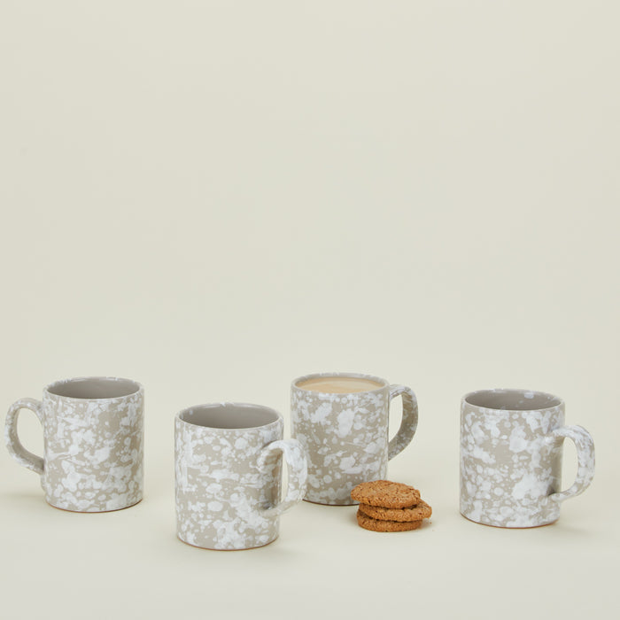 Splatterware mugs set of 4 in grey and white with coffee and cookies