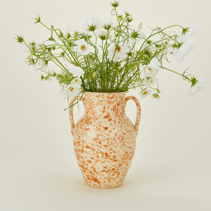 Large splatterware vase in ivory and bronze  with florals