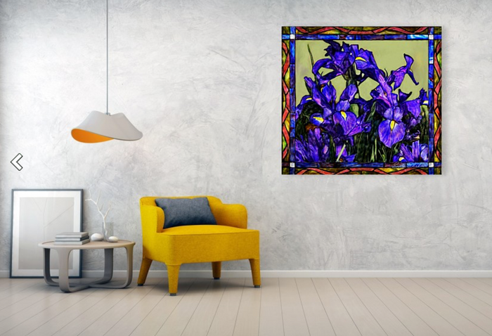 Stretched Canvas Print - Tiffany Style Blue Iris - Floral Print in room