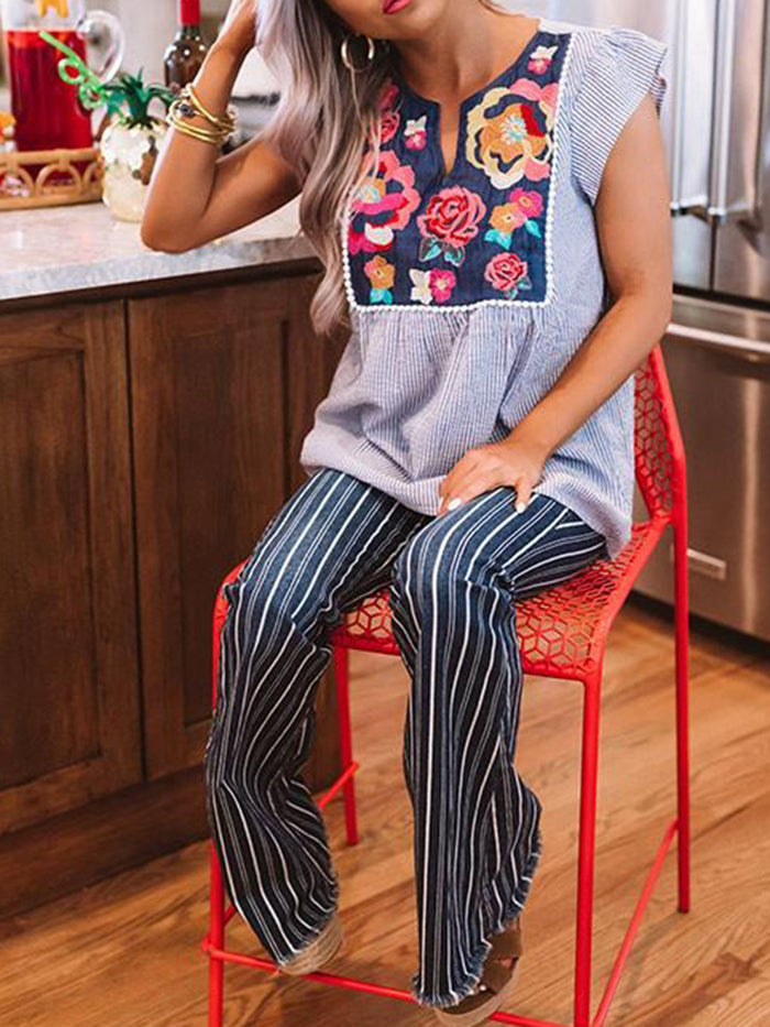 Striped Spot Short Sleeve Women's Blouses with Flowers
