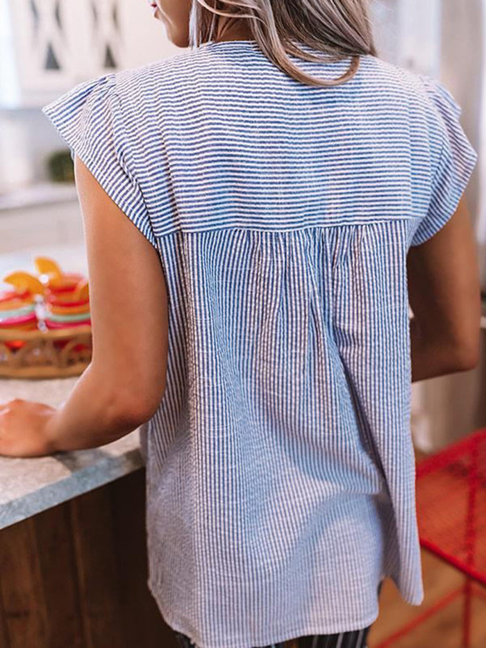 Striped Spot Short Sleeve Women's Blouses with Flowers