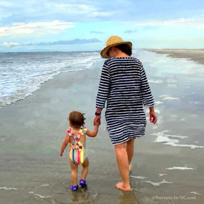 Stroll on the Beach - Custom Family Portrait in Oil