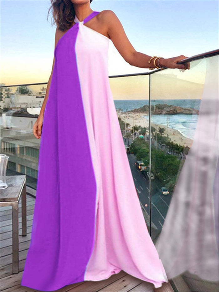 Summer Loose Halterneck Stitching Maxi Dress