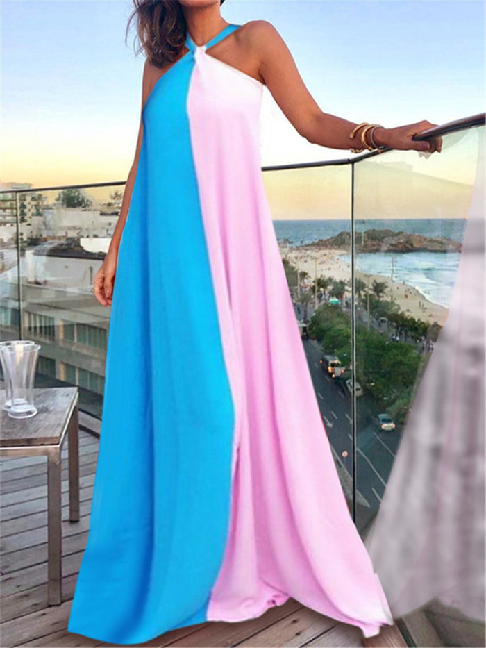 Summer Loose Halterneck Stitching Maxi Dress