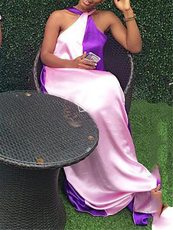 Summer Loose Halterneck Stitching Maxi Dress