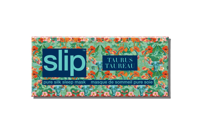 Taurus pure silk sleep mask packaging with floral patterns and predominant slip logo.