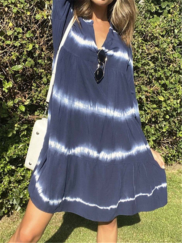 V-neck Ruffled Mid-long Sleeve Loose Casual Dress