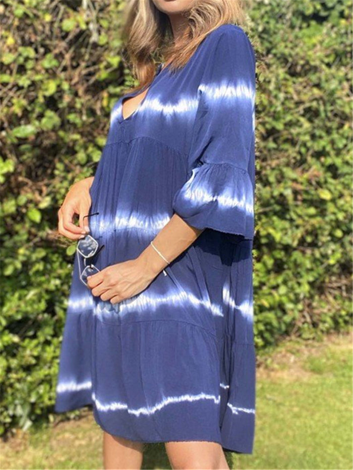 V-neck Ruffled Mid-long Sleeve Loose Casual Dress