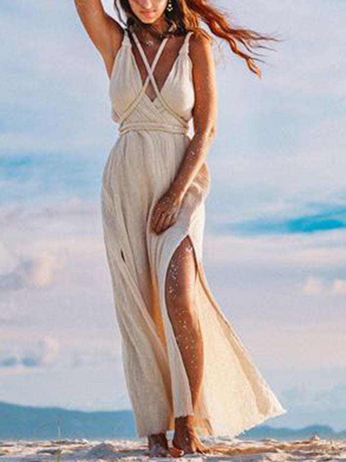 V-neck Solid Color Split Casual Maxi Dress