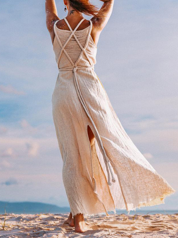 V-neck Solid Color Split Casual Maxi Dress