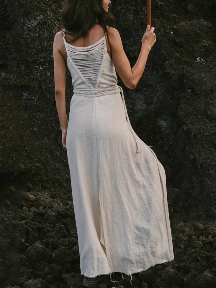 V-neck Solid Color Split Casual Maxi Dress