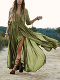 Vintage V-neck Button High Waist Split Maxi Dress