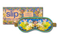 Packaging and silk sleep mask with floral patterns, predominantly in yellow and blue colors, associated with the Virgo zodiac sign.