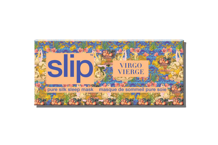 Virgo pure silk sleep mask packaging with floral patterns and predominant slip logo.